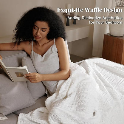 PHF 100% Cotton Waffle Weave Blanket Twin Size for Bed, Soft Lightweight & Breathable, All-Season Comfort, Luxury Aesthetic Woven Bedding for Home Decor, 66"x90", White
