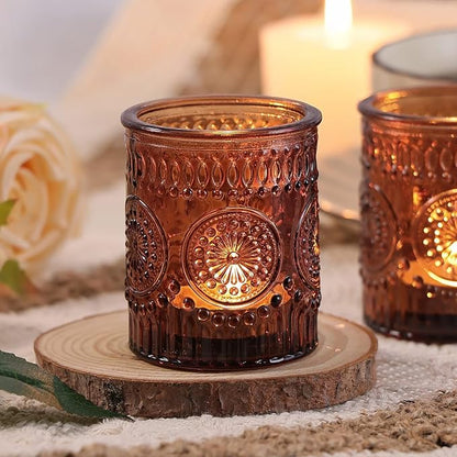 DARJEN Amber Votive Candle Holders Set of 36- Glass Candle Holders Bulk for Flameless LED Tea Waxes, Vintage Candle Holder for Wedding & Home Table Decor, Vintage Parties