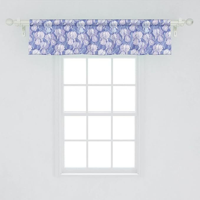 Lunarable Flower Window Valance Pack of 2, Blossomed Iris Flower Spring Garden Art, Rod Pocket Curtain Valances for Kitchen Bedroom, 54" X 12", Blue