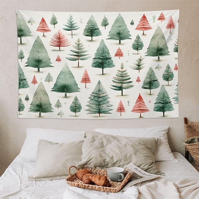 Tapestry Vintage Christmas Tree Watercolor Wall Hanging Wall Tapestry Aesthetic Winter Holiday Tapastry's Wall Hanging Wall Hanging Decor for Bedroom Landscape 60"x90" Christmas Family Party