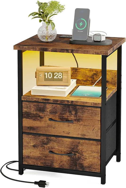 Fixwal Night Stand with Charging Station, LED Nightstand with U-S-B Ports and Outlets, 2 Fabric Storage Drawers with PU Finish, Bedside Table, Rustic Brown