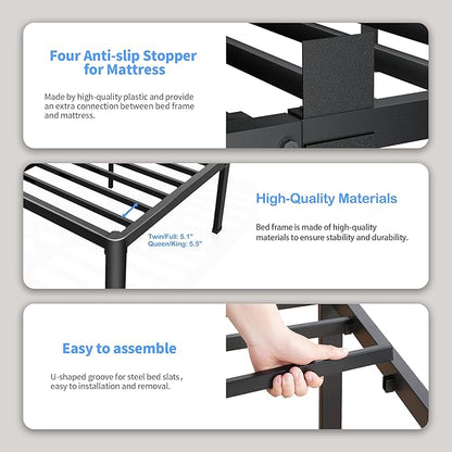 ROIL 14 inch Metal Queen Bed Frame with Rounded Corner and Headboard Hole Mattress Retainers 3500LBS Heavy Duty Steel Slats No Box Spring Needed Platform Noise-Free Easy Assembly