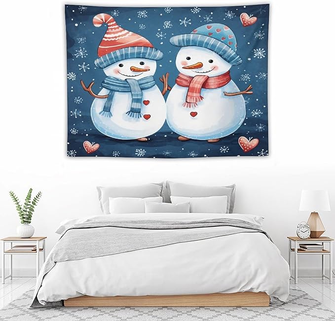 Tapestry Snowman Couple Wall Art Tapestry for Bedroom Aesthetic Cute Snowman with Hat And Scarf Tapestry As Wall Art Home Decor for Room Landscape 30"x40" Tapestries Winter Snowflake Decorative