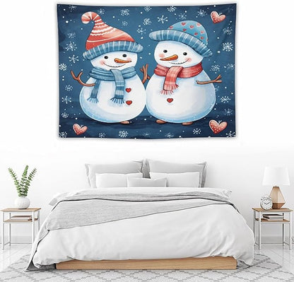 Tapestry Snowman Couple Wall Art Tapestry for Bedroom Aesthetic Cute Snowman with Hat And Scarf Tapestry As Wall Art Home Decor for Room Landscape 30"x40" Tapestries Winter Snowflake Decorative