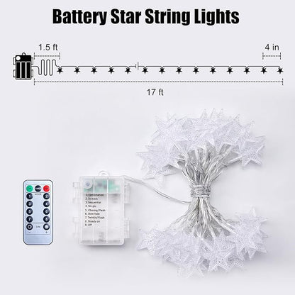 Brightown Star String Lights Battery Operated - 17 ft 50 LED Star Fairy String Lights with Remote and Timer, 8 Modes Waterproof for Bedroom Tent Loft Bed Patio Party Wedding Decor, White