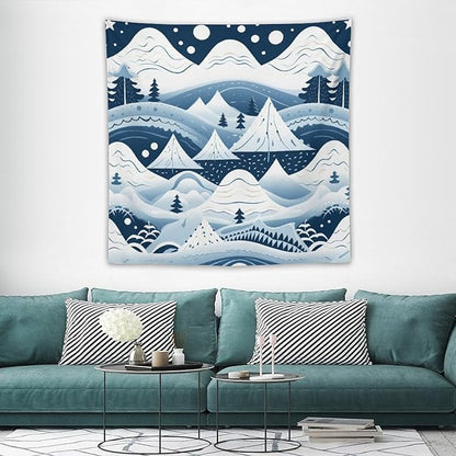 MaSiledy Snow Mountain Scandinavian Winter Tapestries Happy Winter Holiday Wall Art Tapestry for Bedroom Aesthetic Landscape Tapestry Wall Hanging for Bedroom Living Room Dorm Decor 60"x60"