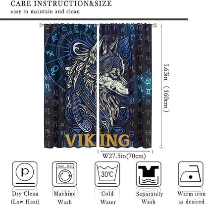 Viking Wolf Curtains Blue Rune Nordic Gothic Animal Curtains Dark Ancient Totem Mythological Pattern Printed Curtains Boys Bedroom Living Room Decoration Blackout Curtains W55 * L63 Inch