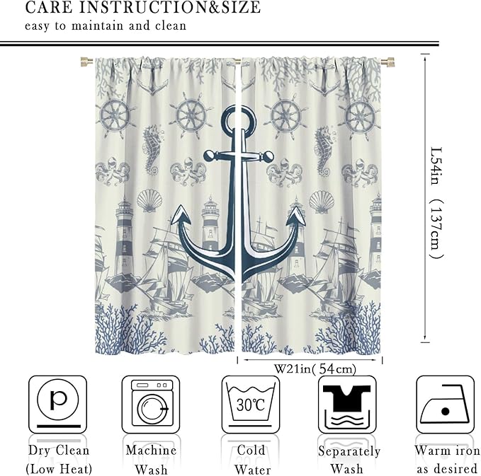 Nautical Anchor Curtains, Vintage Sailboat Ocean Coastal Lighthouse Window Drapes, Navy Blue Coral Shell Seahorse Beach Print Blackout Window Treatments for Living Room Bedroom 42x54 Inch