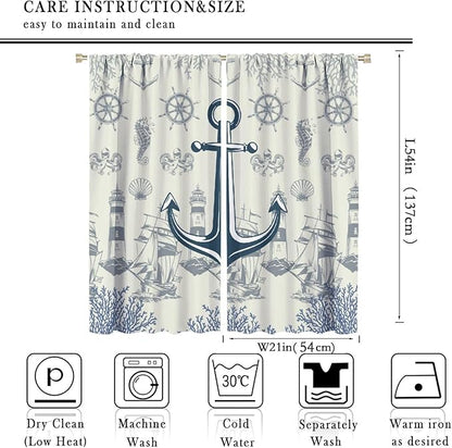 Nautical Anchor Curtains, Vintage Sailboat Ocean Coastal Lighthouse Window Drapes, Navy Blue Coral Shell Seahorse Beach Print Blackout Window Treatments for Living Room Bedroom 42x54 Inch