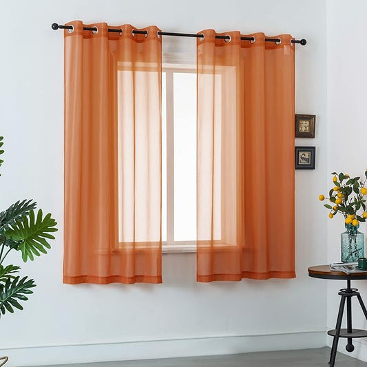 DUALIFE 54 Inch Length Sheer Curtains Burnt Orange for Bathroom 2 Panels Set Grommet Small Transparent Short Curtains for Bedroom Kitchen 52x54 Inches Long Terracotta Rust