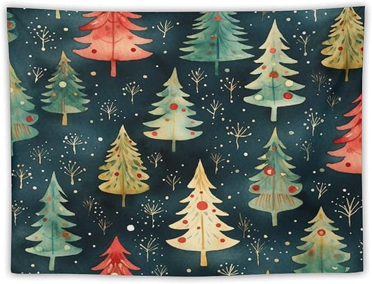 Vintage Christmas Tree Watercolor Tapestry As Wall Art Winter Christmas Tapestry for Bedroom Aesthetic Landscape Tapestry Wall Hanging for Dorm Living Room 30"x40" Christmas Family Party