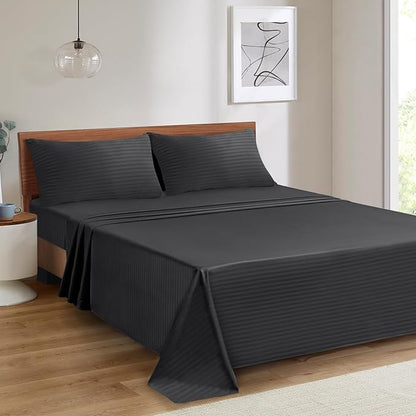 Mejoroom Striped King Size Sheet Set – Hotel Luxury Bed Sheets - Deep Pocket Up to 16 inch, Breathable, Wrinkle, Fade and Stain Resistant – 4 Piece(02-Black)