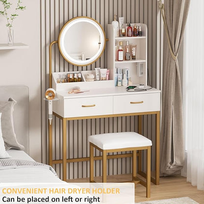 Makeup Vanity with Round Mirror and Lights, White Vanity Makeup Table with Charging Station, Small Vanity Table for Bedroom, 3 Lighting Modes, 31.5in(L)