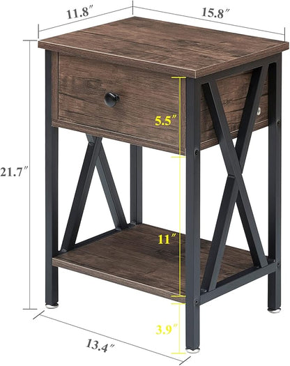 VECELO Nightstands Set of 2, Modern Bedside End Tables, Night Stands with Drawer and Storage Shelf for Living Room Bedroom, Industrial Metal Frame