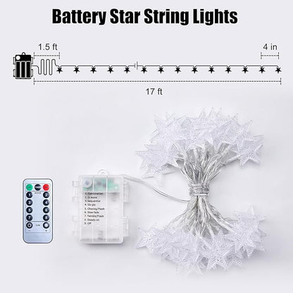Brightown Star String Lights Battery Operated - 17 ft 50 LED Star Fairy String Lights with Remote and Timer, 8 Modes Waterproof for Bedroom Tent Loft Bed Patio Party Wedding Decor, Warm White