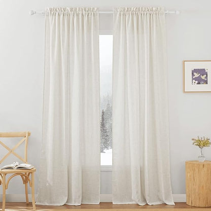 RYB HOME Thick Linen Curtains, Extra 66 inches Widith Light Filtering Semi Translucent Farmhouse Window Treatments for Home Office Living Room Bedroom, W 66 x L 95 inches, Linen, 2 Panels