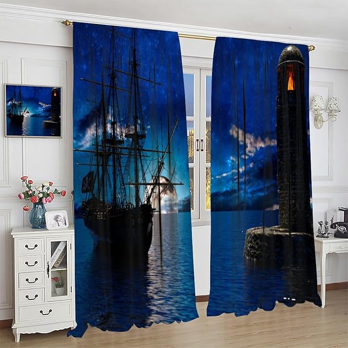 Pirate Ship Curtains, Nautical Sailboat Sailing Ocean Adventure Full Moon Cloudy Night Sky Old Lighthouse Print Blackout Window Treatments for Bedroom Living Room 84x84in