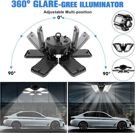 LED Garage Lights 2 Pack - 180W, 18000LM 6500K Led Shop Light with 6+1 Deformable Panels, Basement, Barn, Warehouse, Shop Ceiling Lights, E26/E27 for Multiple Uses