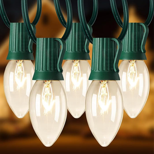 C9 Christmas String Lights Outdoor Christmas Tree Lights String - Hanging Christmas Roofline Lights - Patio Lights for Outdoor Decor (Clear Green Wire, 25FT)