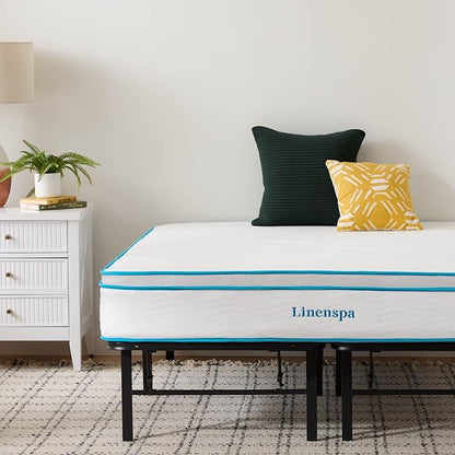 Linenspa 10” Memory Foam and Innerspring Hybrid Mattress + 14” Black Metal Platform Bed – Twin XL Mattress + Metal Folding Twin XL Bedframe