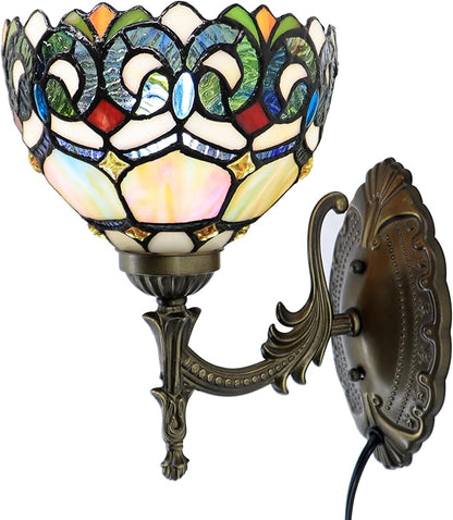 Tiffany Sconce Lamp Stained Glass Wall Lamp,8X10.5X11 Inch Plug in Wall Bedside Light for Hallway Bedroom (Seven Color Baroque)