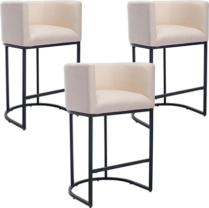 Modern Counter Height Linen Upholstered Bar Stools Set of 3, 29" Kitchen Counter Island Stools Bar Chairs with Black Metal Frame, Cream
