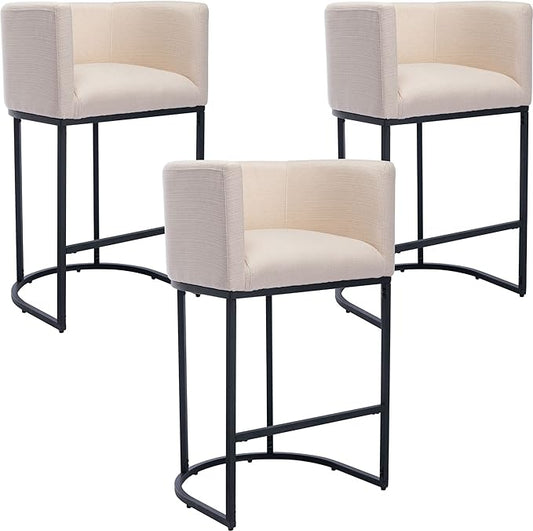 Modern Counter Height Linen Upholstered Bar Stools Set of 3, 29" Kitchen Counter Island Stools Bar Chairs with Black Metal Frame, Cream