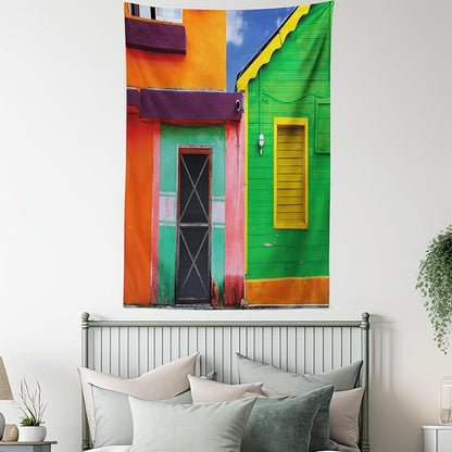Lunarable Mexican Tapestry, Caribbean Houses in Vibrant Color Scheme in Isla Mujeres Mexico Latin America Photo, Wall Hanging for Bedroom Living Room Dorm Decor, 40" X 60", Green Pink