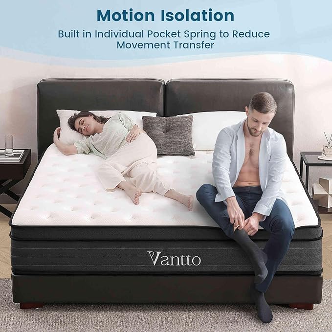 Queen Size Mattress, 12 Inch Individual Pocket Springs Hybrid Memory Foam Mattress in a Box for Pressure Relief, Motion Isolation, CertiPUR-US