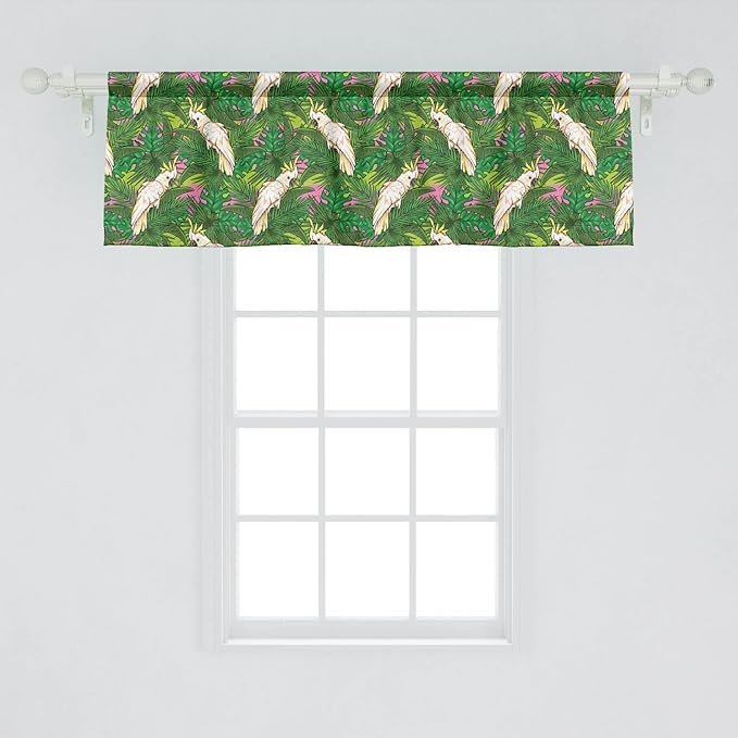 Lunarable Parrots Window Valance Pack of 2, Yellow Crested Cockatoo Bird with Tropical Foliage Exotic Caribbean Design, Rod Pocket Curtain Valances for Kitchen Bedroom, 54" X 18", Cream Green