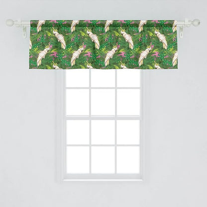 Lunarable Parrots Window Valance Pack of 2, Yellow Crested Cockatoo Bird with Tropical Foliage Exotic Caribbean Design, Rod Pocket Curtain Valances for Kitchen Bedroom, 54" X 18", Cream Green