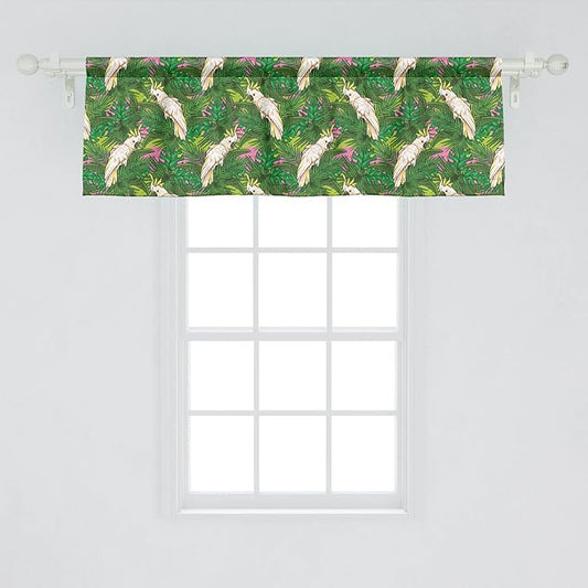 Lunarable Parrots Window Valance Pack of 2, Yellow Crested Cockatoo Bird with Tropical Foliage Exotic Caribbean Design, Rod Pocket Curtain Valances for Kitchen Bedroom, 54" X 18", Cream Green