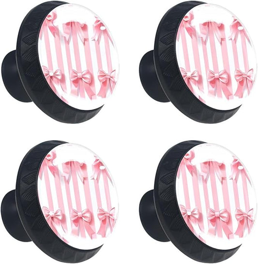 Pink Ribbon Bows on Striped White Pink Background Kitchen Cabinet Knobs, Decorative Dresser Knobs with Screws Pulls Handles Hardware Drawer Knobs for Home Furniture, 4 Pack