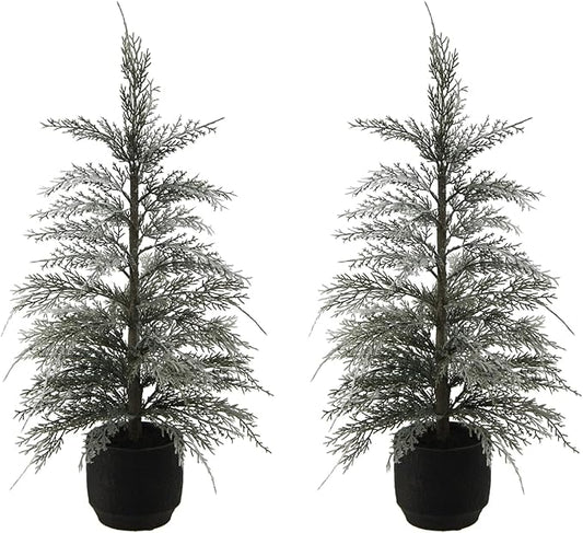 CG Hunter Holiday Collection, Set-of-2 Faux Flocked Cedar Trees, Premium Artificial Indoor & Outdoor Cedar Tree Stands 24" Tall in Pot–Perfect Christmas Decoration