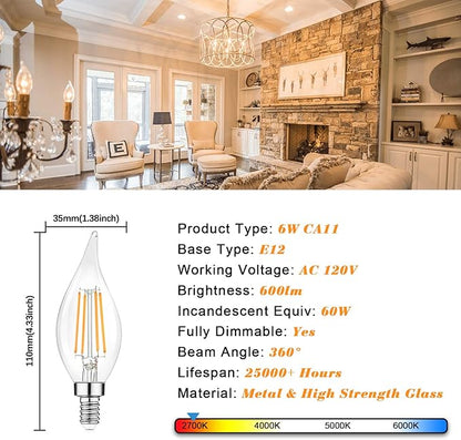 Dimmable E12 Candelabra LED Bulbs 60 Watt Incandescent Equivalent, 2700K Warm White, Clear Filament LED Chandelier Light Bulbs 6W, 600lm, CA11 Vintage Ceiling Fan Light Bulb with Flame Tip, 12-Pack
