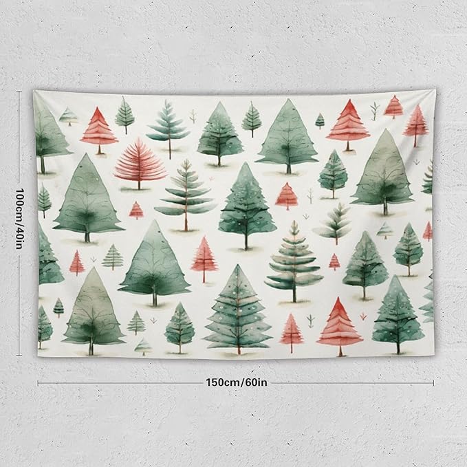 Vintage Christmas Tree Watercolor Wall Tapestry Winter Holiday Wall Hanging Wall Tapestry Aesthetic Landscape Tapestry Wall Decor for Bedroom Living Room Dorm 40"x60" Christmas Family Party