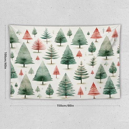 Vintage Christmas Tree Watercolor Wall Tapestry Winter Holiday Wall Hanging Wall Tapestry Aesthetic Landscape Tapestry Wall Decor for Bedroom Living Room Dorm 40"x60" Christmas Family Party