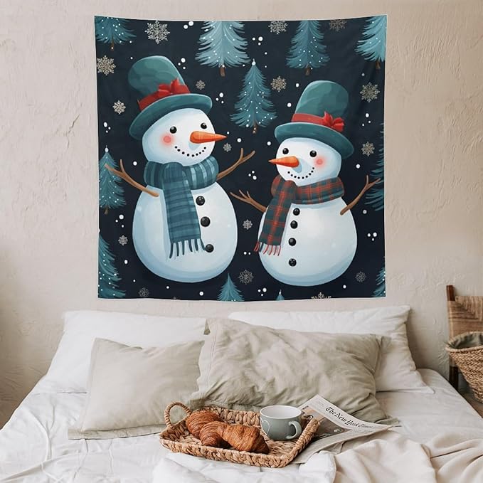 MaSiledy Wall Tapestries Snowman Couple Tapestry Winter Snowflake Cute Cartoon Funny Snowman Vintage Aesthetic Tapestry Wall Hanging Wall Decor for Bedroom Living Room Dorm 60"x60"