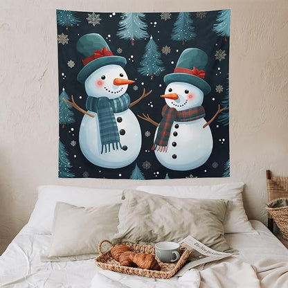 MaSiledy Wall Tapestries Snowman Couple Tapestry Winter Snowflake Cute Cartoon Funny Snowman Vintage Aesthetic Tapestry Wall Hanging Wall Decor for Bedroom Living Room Dorm 60"x60"