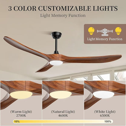 Obabala Ceiling Fans with Lights and Remote, 70inch Outdoor Ceiling Fan 3 Solid Wood Blades Fan with 3 Downrods for Patios, Modern Ceiling Fan with Noiseless Reversible DC Motor (Solid Wood, 70in)