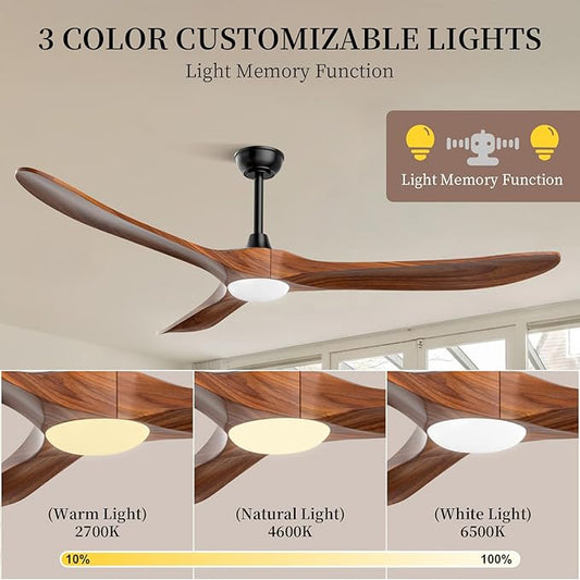 Obabala Ceiling Fans with Lights and Remote, 60inch Outdoor Ceiling Fan 3 Solid Wood Blades Fan with 3 Downrods for Patios, Modern Ceiling Fan with Noiseless Reversible DC Motor (Solid Wood, 60in)