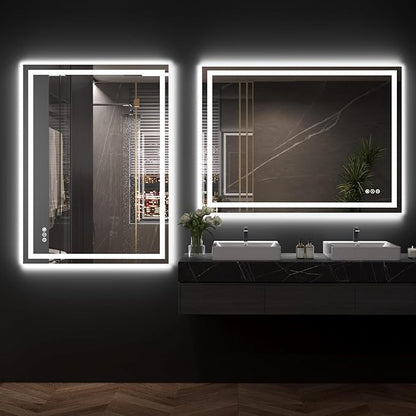 48"X36" LED Bathroom Mirror with Front Lights and Backlit, Anti-Fog, Dimmable, Shatter-Proof Tempered Glass, Lighted Bathroom Vanity Mirror for Wall with 3 Colors, Memory Function