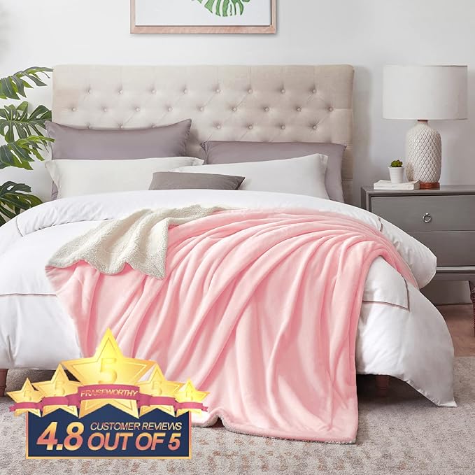 Walensee Sherpa Fleece Blanket (Queen Size 90”x90” Pink) Plush Throw Fuzzy Super Soft Reversible Microfiber Flannel Blankets for Couch, Bed, Sofa Ultra Luxurious Warm and Cozy for All Seasons