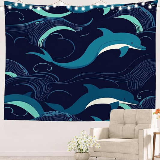 Batmerry Ocean Sea Waves Tapestry, Dolphin Nautical Wall Art Hanging Decoration Polyester Fiber White Ruffled Around for Dorm Room Bedroom Living Room, 51.2x59.1 inches