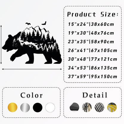 Metal Bear Wall Decor, Mountain And Forest Metal Wall Art, Nature Landscape Decor, Bear Wall Art, Metal Mountain Range, Scandinavian Decor, Large Metal Art Wall Decor, Housewarming Gift (23"x35"|58x90cm, Black)