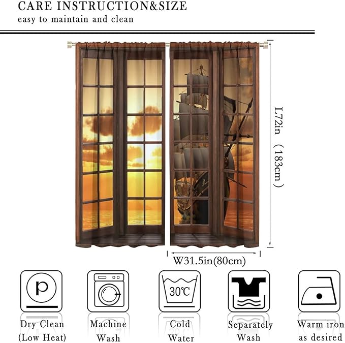 Retro Ship Curtains, Window View Sailing Boat Ship Schooner, Nautical Style Ocean Sunset Landscape Print Blackout Window Drapes for Boys Bedroom Living Room 63x72in
