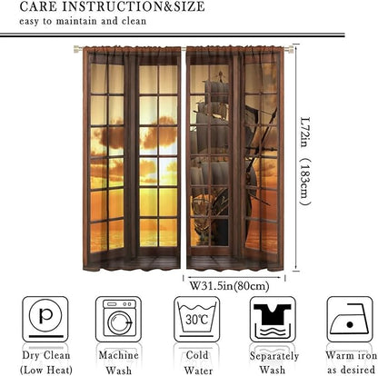 Retro Ship Curtains, Window View Sailing Boat Ship Schooner, Nautical Style Ocean Sunset Landscape Print Blackout Window Drapes for Boys Bedroom Living Room 63x72in