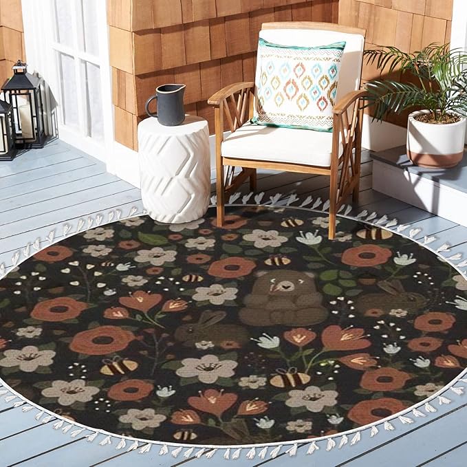 Round Rugs Bear Forest Bunny Rabbit Furry Animals Watercolor Flowers Scandinavian Boho Area Rug Linen and Cotton Carpet Meditation Rug Washable Hallway Runner Mat Accent Rug for Bedroom Bathroom 4ft