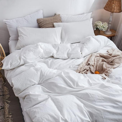 MooMee Bedding Duvet Cover Set 100% Washed Cotton Linen Like Textured Breathable Durable Soft Comfy (Solid Off White, Super King 108"x98")