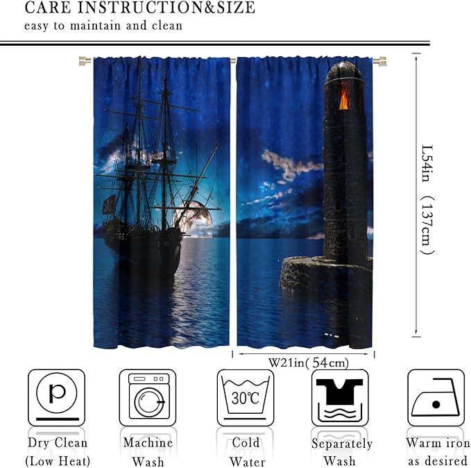 Pirate Ship Curtains, Nautical Sailboat Sailing Ocean Adventure Full Moon Cloudy Night Sky Old Lighthouse Print Blackout Window Treatments for Bedroom Living Room 42x54 Inch